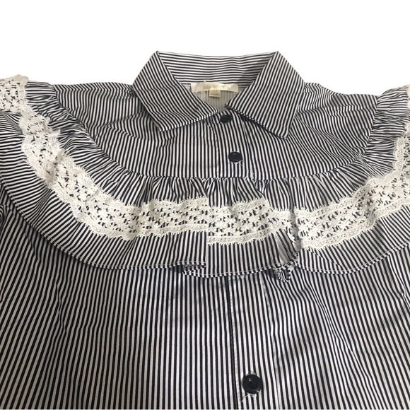 Lace-Trim Striped Button-Front Women’s Top - Black/White - Picture 2 of 5